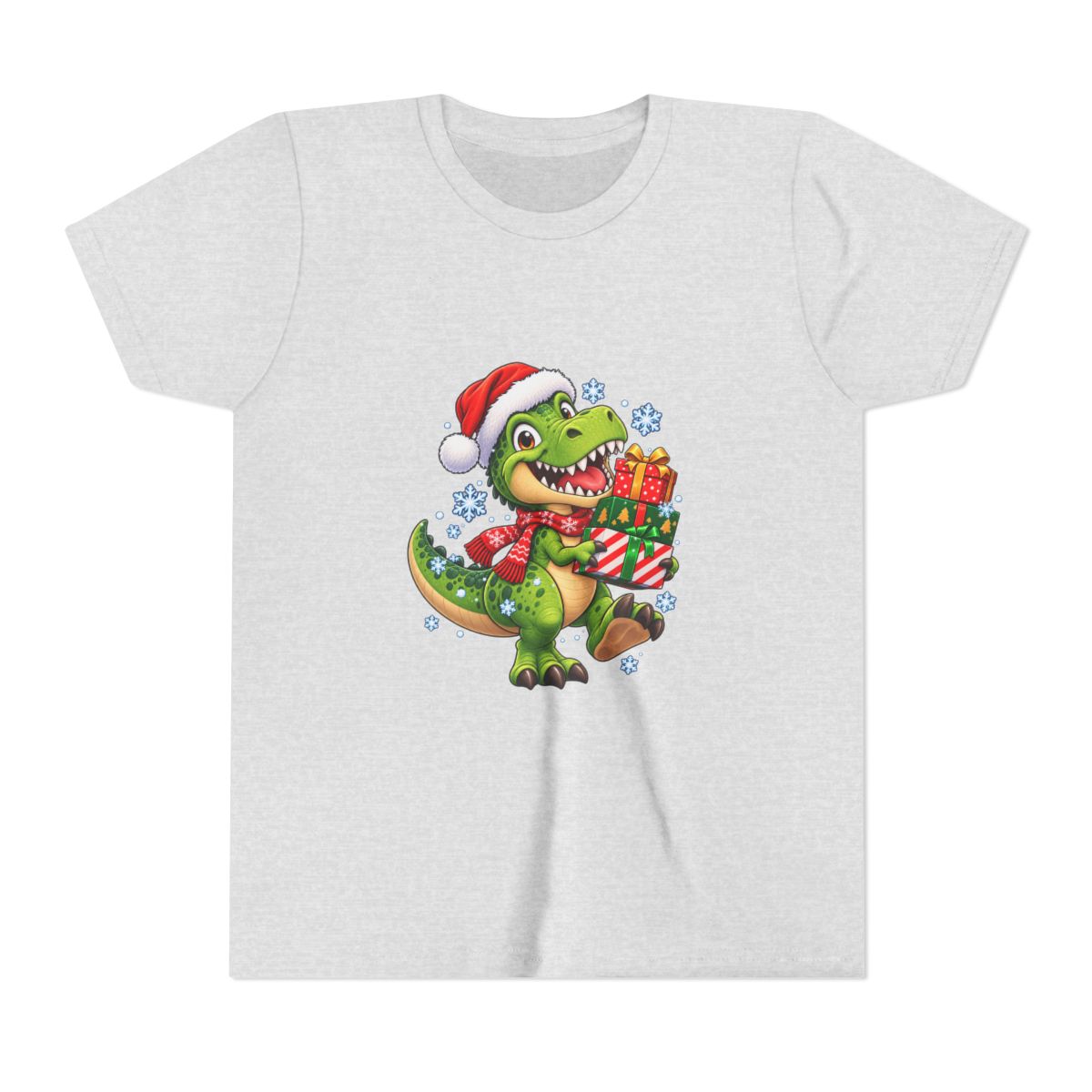 Christmas T-Rex Holding Presents Youth Tee | Kids Holiday Dinosaur Shirt