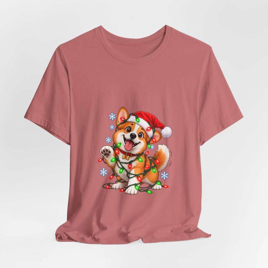 Corgi with Christmas Lights T-Shirt | Holiday Puppy Santa Hat