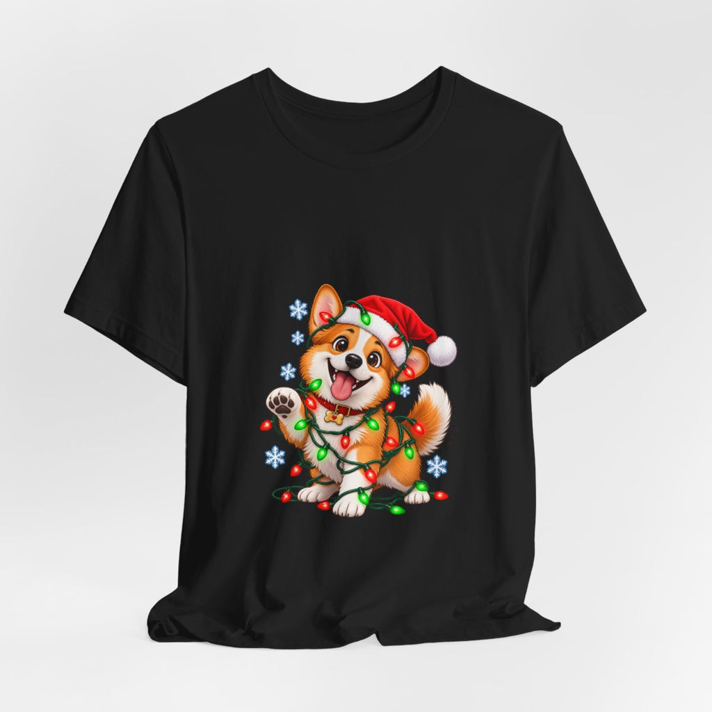 Corgi with Christmas Lights T-Shirt | Holiday Puppy Santa Hat