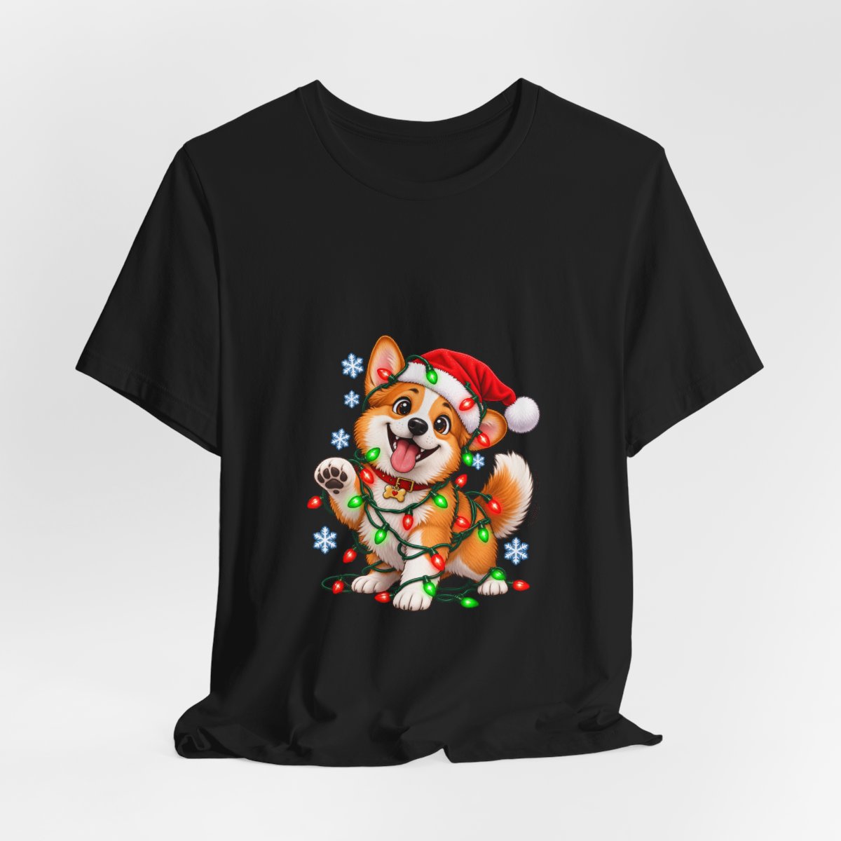 Corgi with Christmas Lights T-Shirt | Holiday Puppy Santa Hat