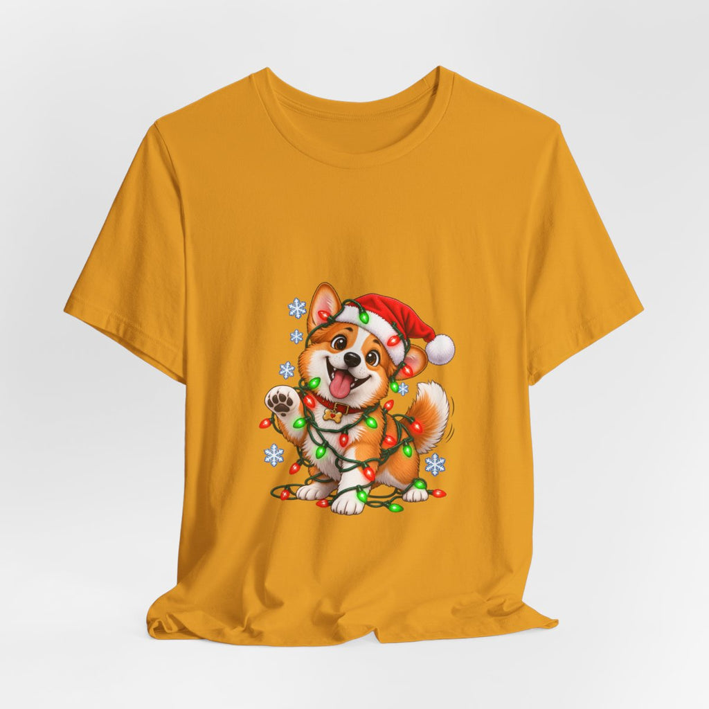 Corgi with Christmas Lights T-Shirt | Holiday Puppy Santa Hat