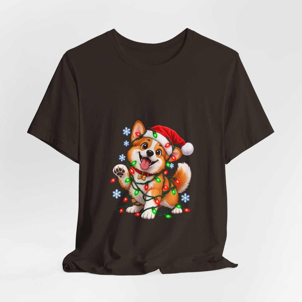 Corgi with Christmas Lights T-Shirt | Holiday Puppy Santa Hat