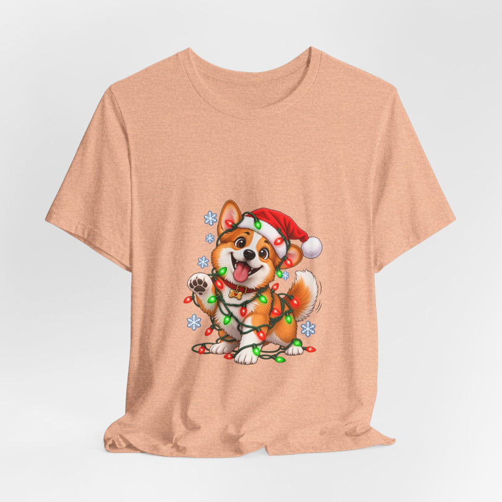 Corgi with Christmas Lights T-Shirt | Holiday Puppy Santa Hat