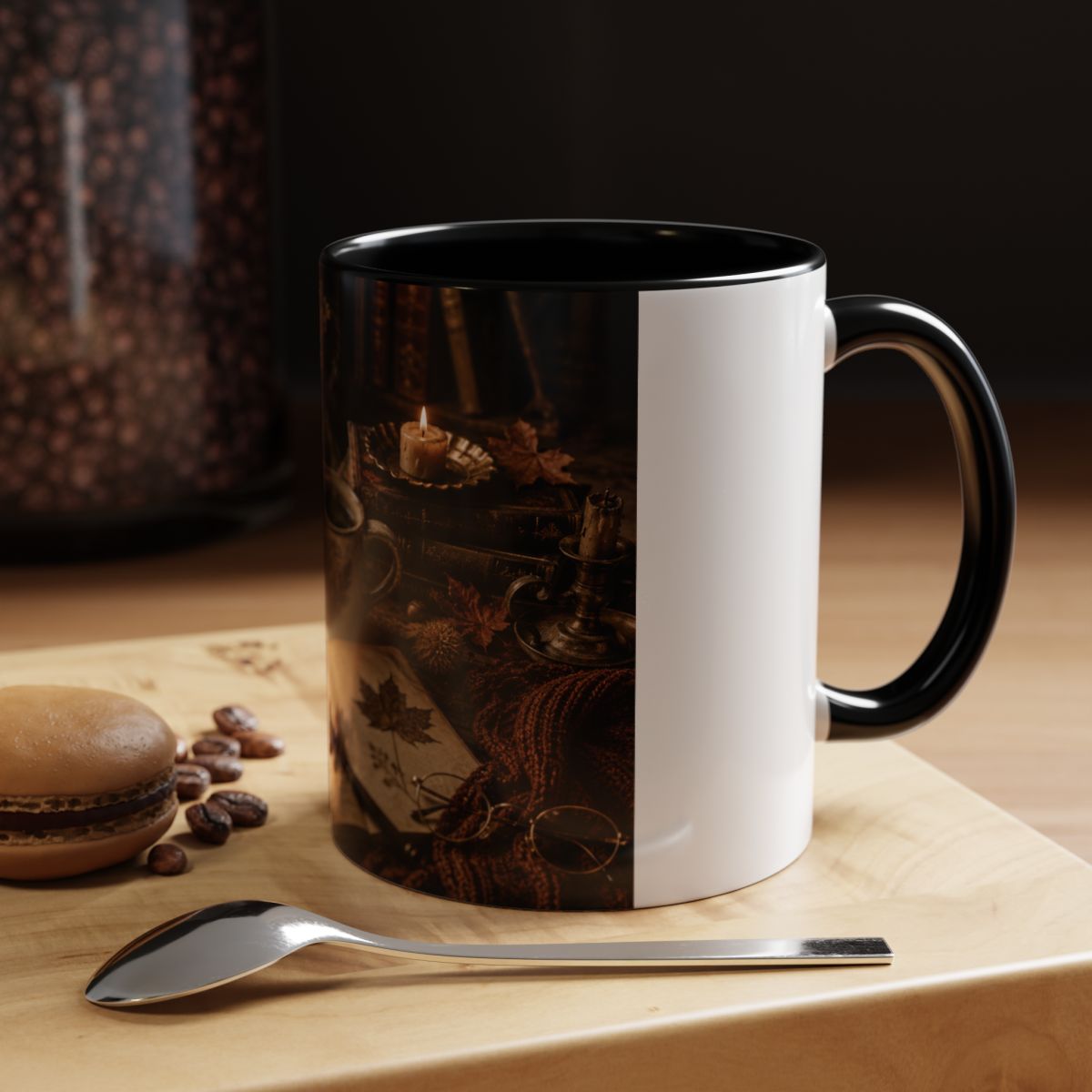 Cozy Autumn Still Life Accent Mug | Coffee Cup with Leaves, Candlelight