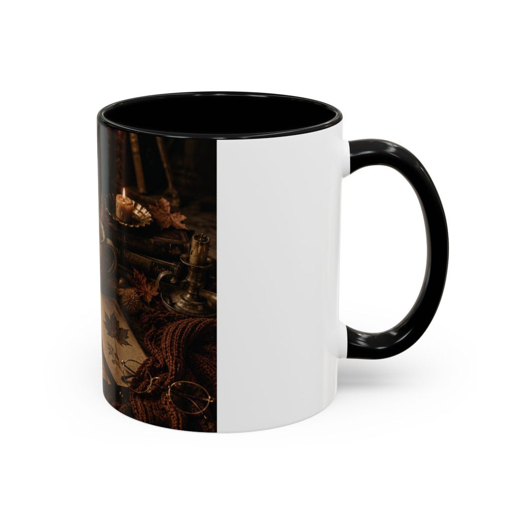 Cozy Autumn Still Life Accent Mug | Coffee Cup with Leaves, Candlelight