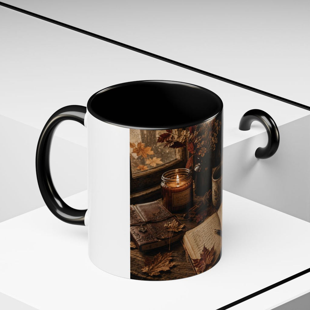 Cozy Autumn Still Life Accent Mug | Coffee Cup with Leaves, Candlelight
