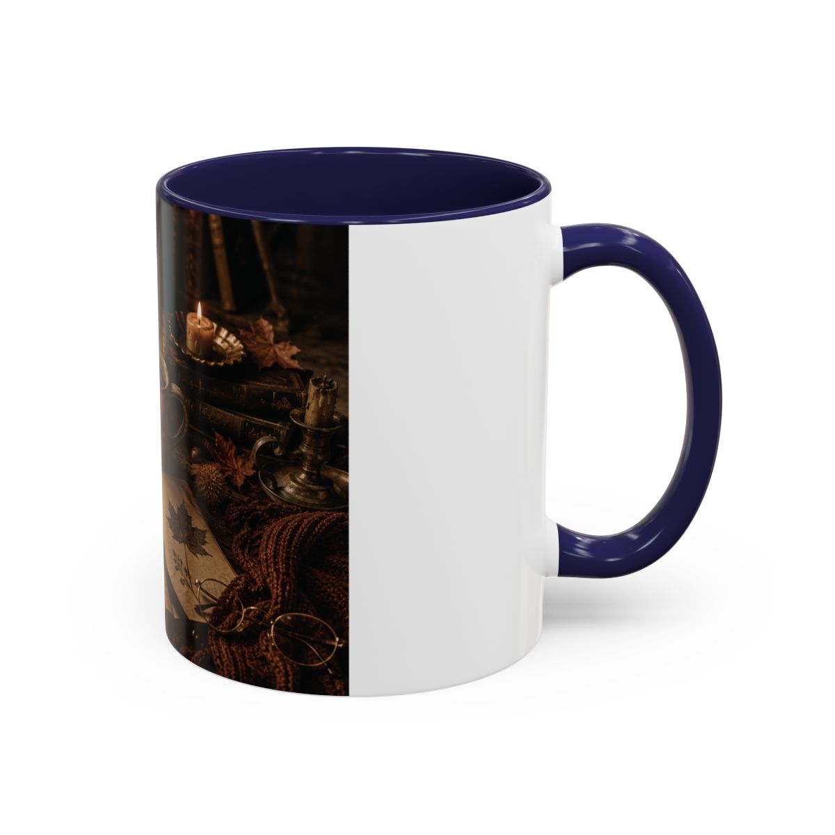 Cozy Autumn Still Life Accent Mug | Coffee Cup with Leaves, Candlelight