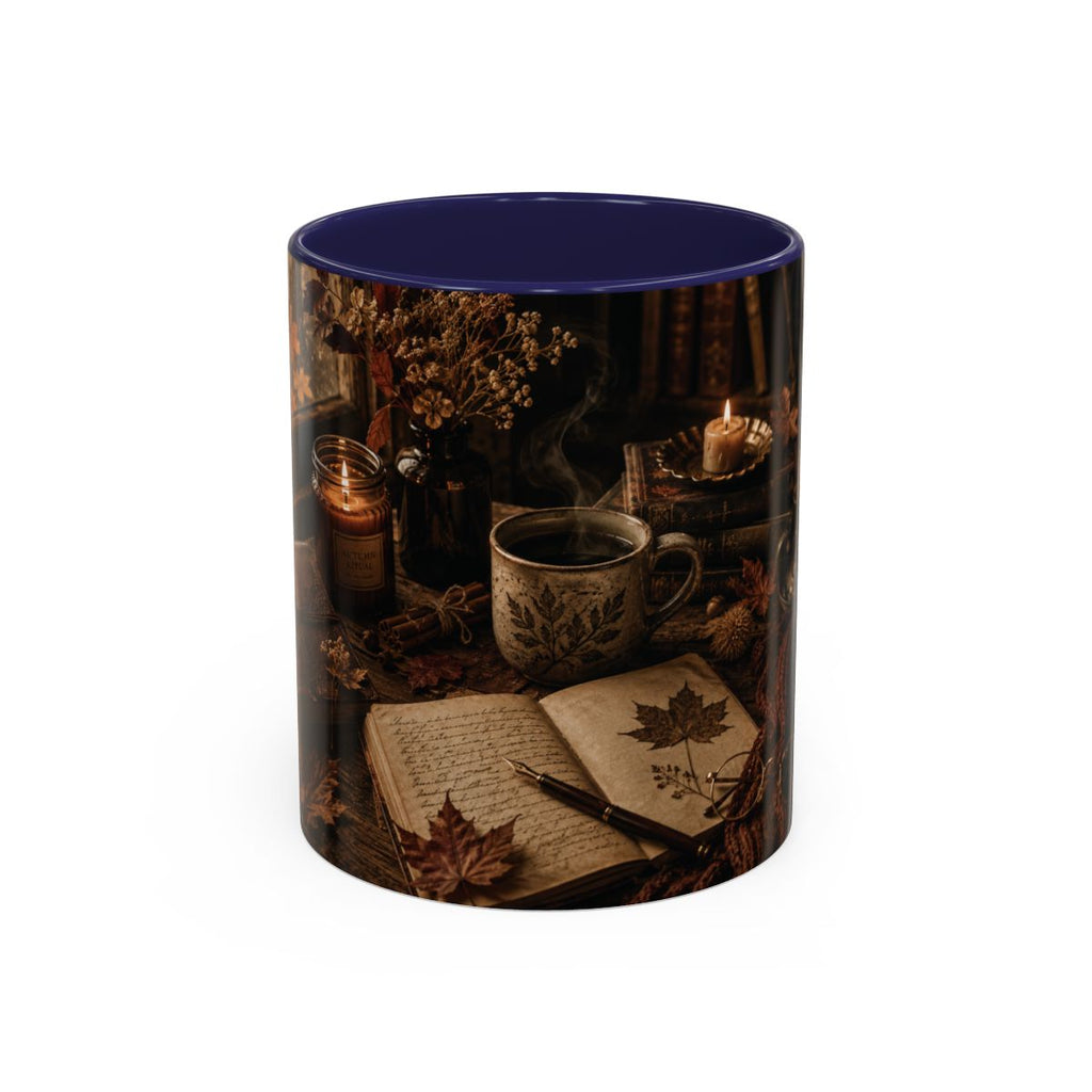 Cozy Autumn Still Life Accent Mug | Coffee Cup with Leaves, Candlelight
