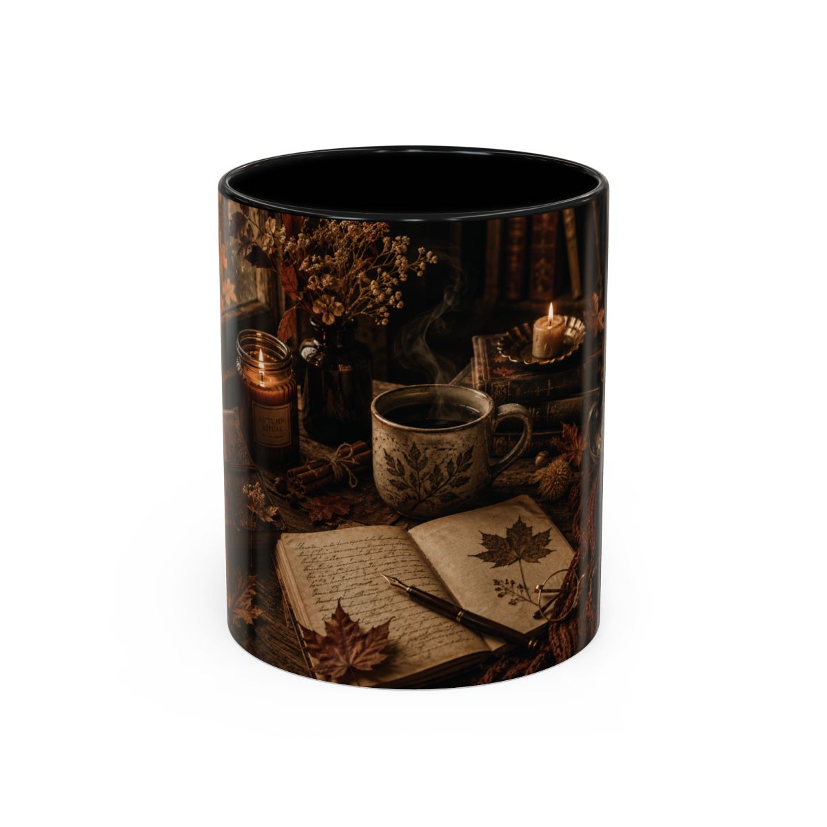 Cozy Autumn Still Life Accent Mug | Coffee Cup with Leaves, Candlelight