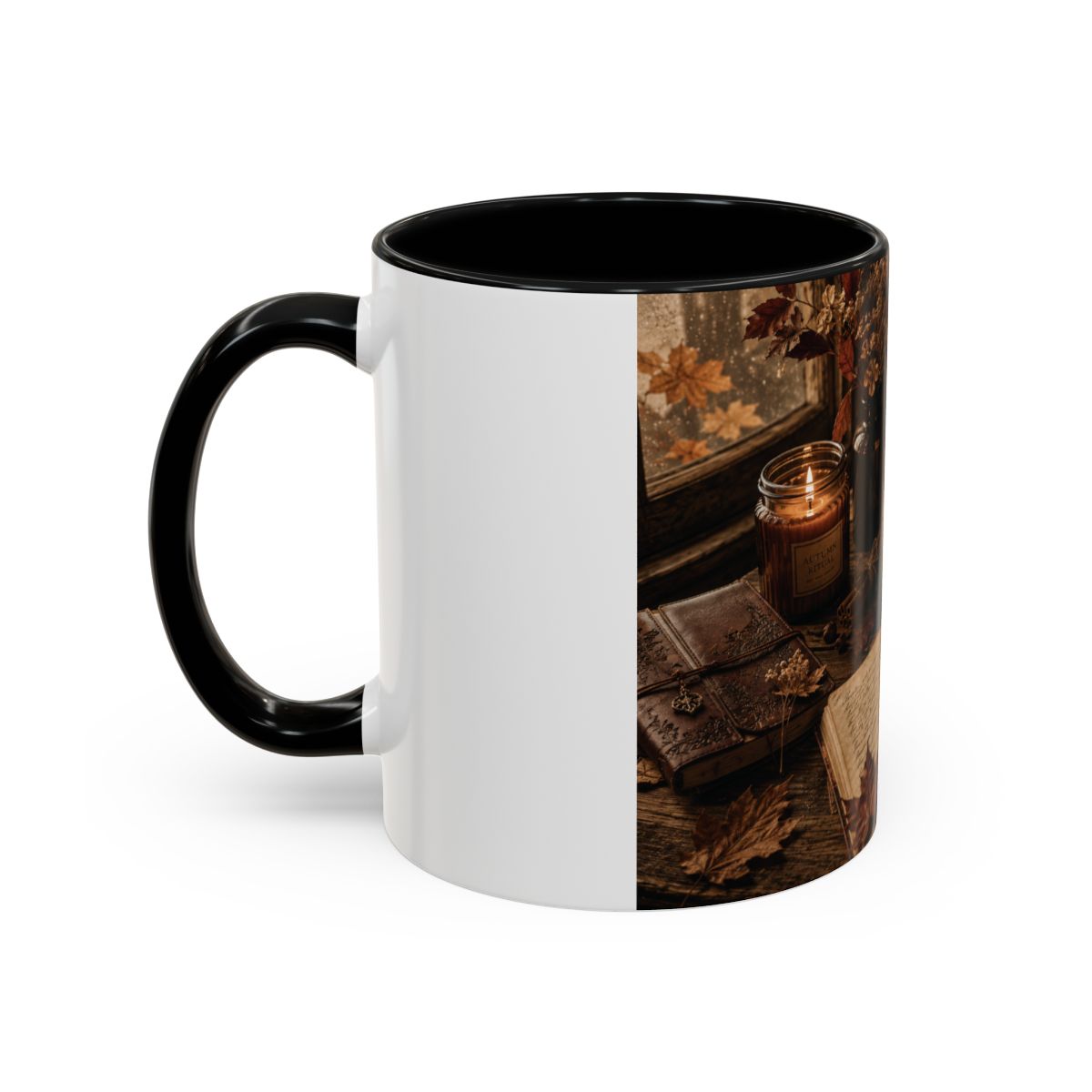 Cozy Autumn Still Life Accent Mug | Coffee Cup with Leaves, Candlelight