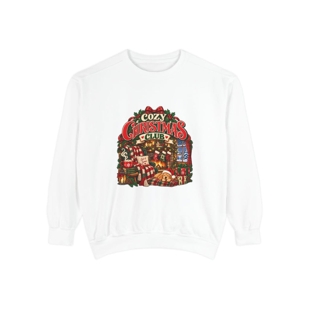 Cozy Christmas Club Sweatshirt | Holiday Cabin Fireplace Scene, Stockings