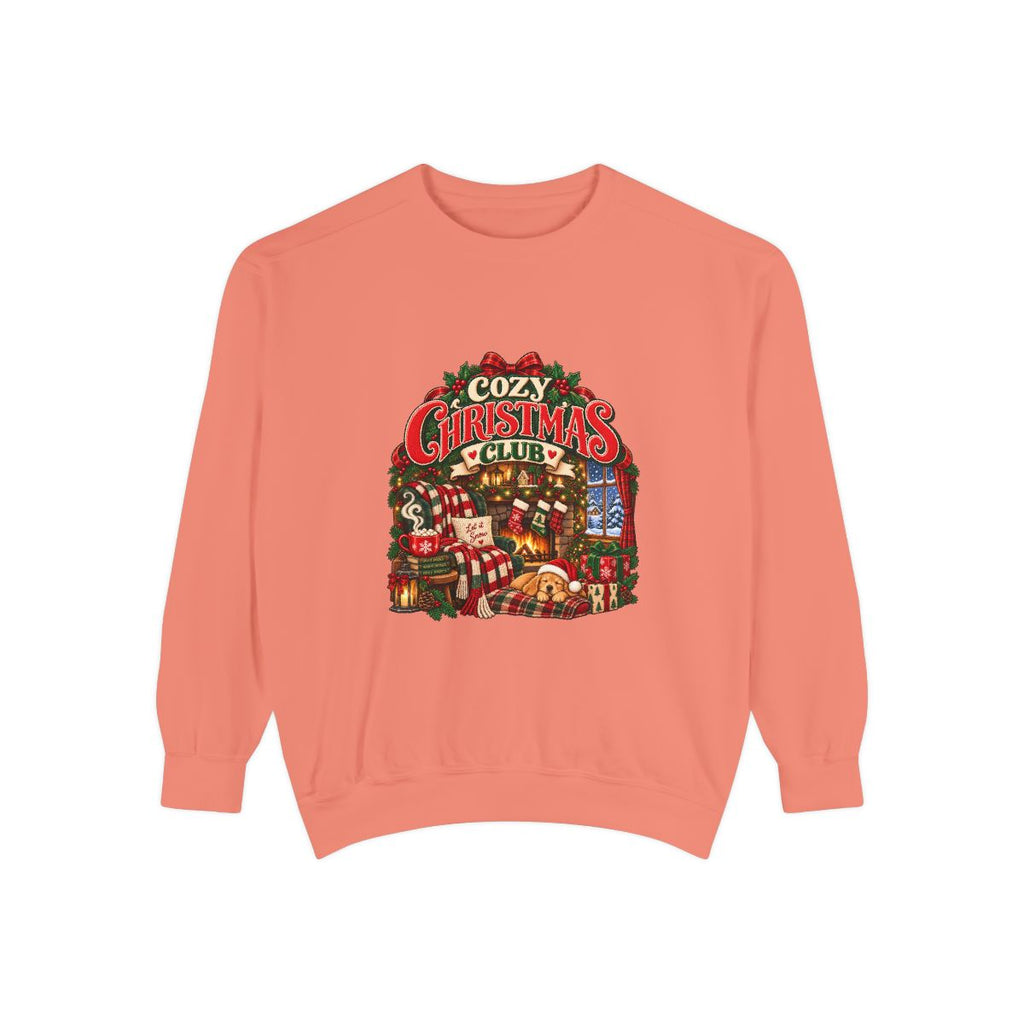 Cozy Christmas Club Sweatshirt | Holiday Cabin Fireplace Scene, Stockings