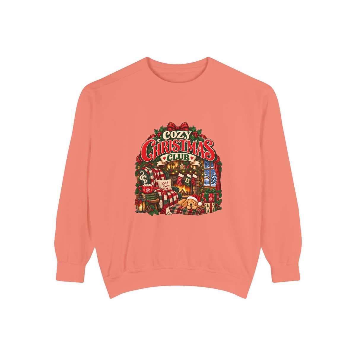 Cozy Christmas Club Sweatshirt | Holiday Cabin Fireplace Scene, Stockings