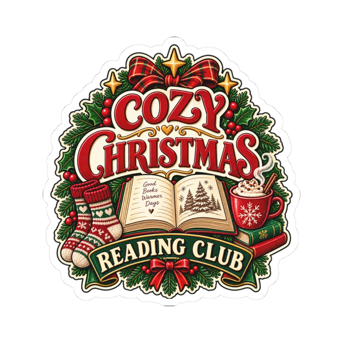 Cozy Christmas Reading Club Sticker | Kiss-Cut Holiday Booklover Decal