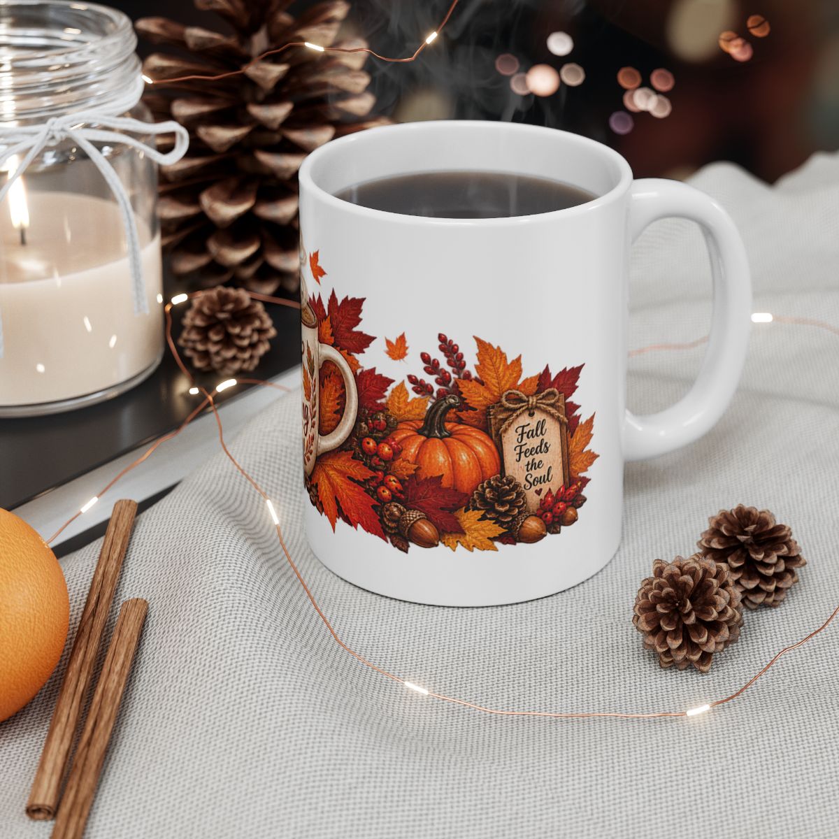 Cozy Fall Morning Mug | Autumn Leaves, Pumpkin Spice Coffee