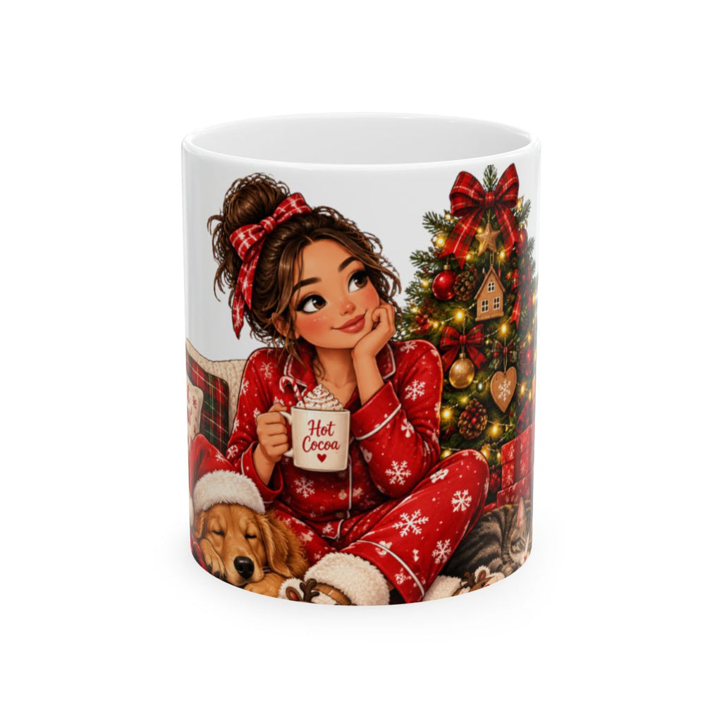 Cozy Girl with Hot Cocoa Christmas Mug | Holiday Tree, Dog, Pajamas