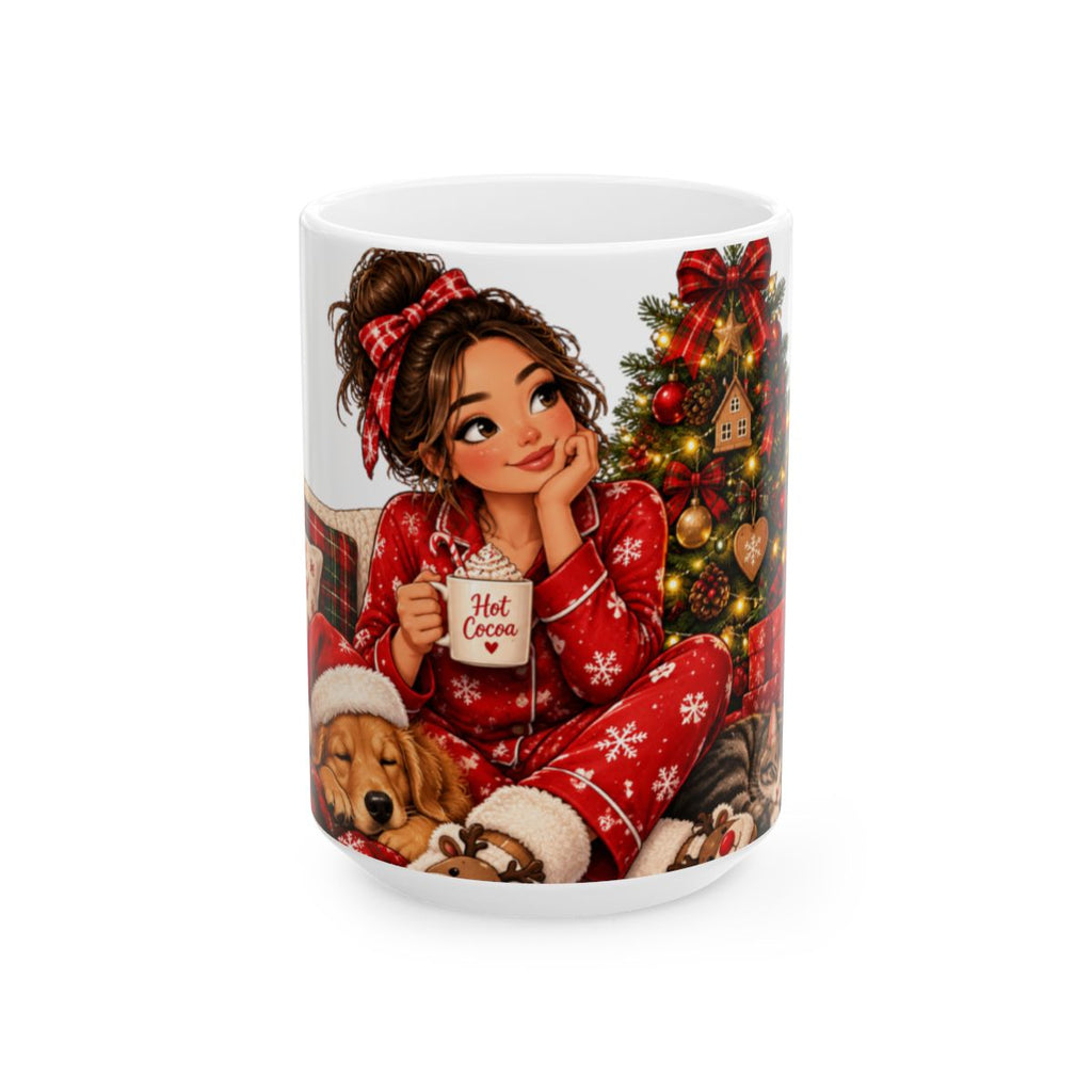 Cozy Girl with Hot Cocoa Christmas Mug | Holiday Tree, Dog, Pajamas