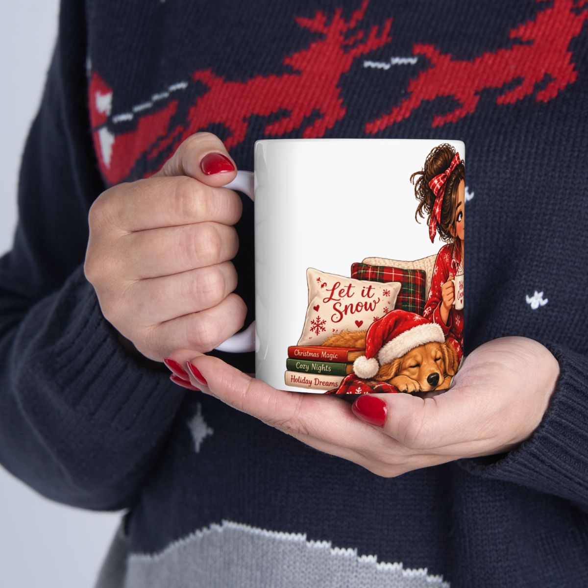 Cozy Girl with Hot Cocoa Christmas Mug | Holiday Tree, Dog, Pajamas