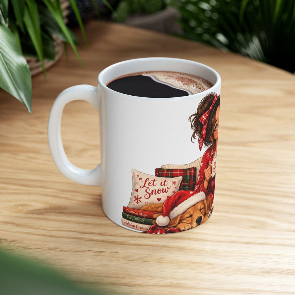 Cozy Girl with Hot Cocoa Christmas Mug | Holiday Tree, Dog, Pajamas