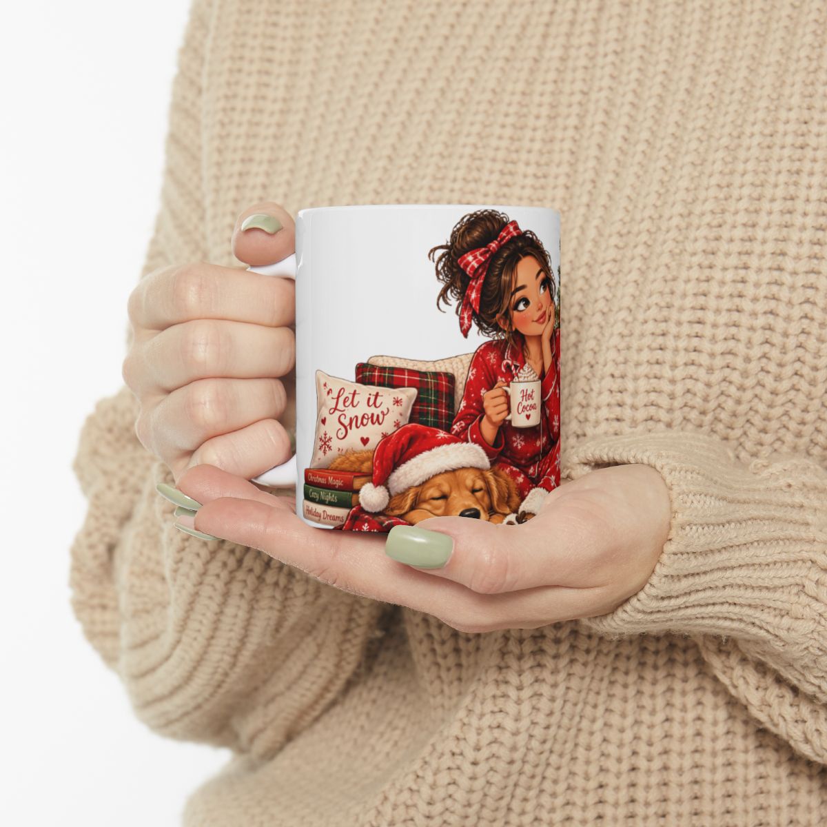 Cozy Girl with Hot Cocoa Christmas Mug | Holiday Tree, Dog, Pajamas
