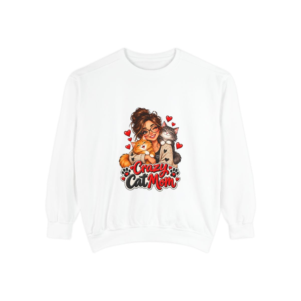 Crazy Cat Mom Sweatshirt | Woman Hugging Cats, Hearts Paw Print Design