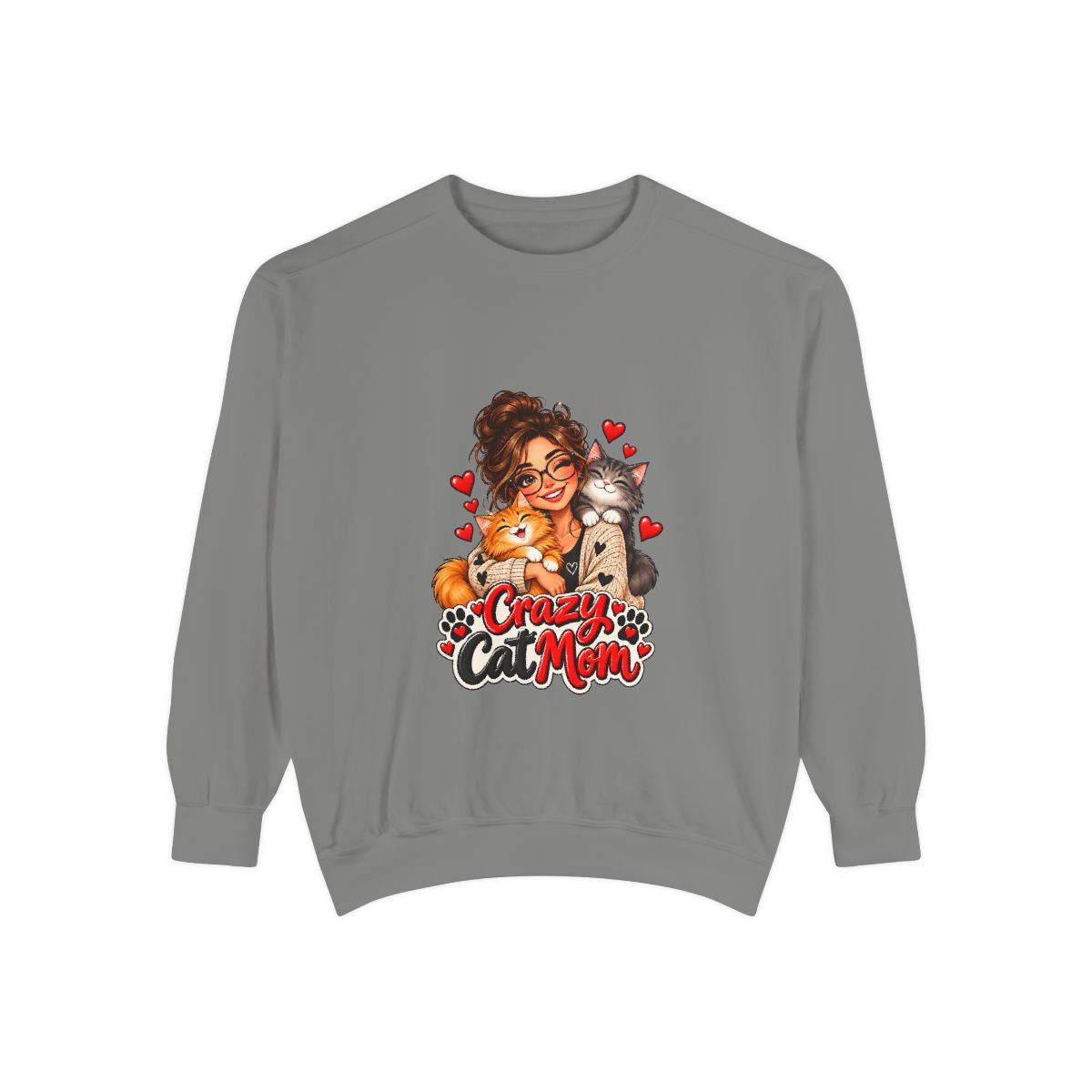 Crazy Cat Mom Sweatshirt | Woman Hugging Cats, Hearts Paw Print Design