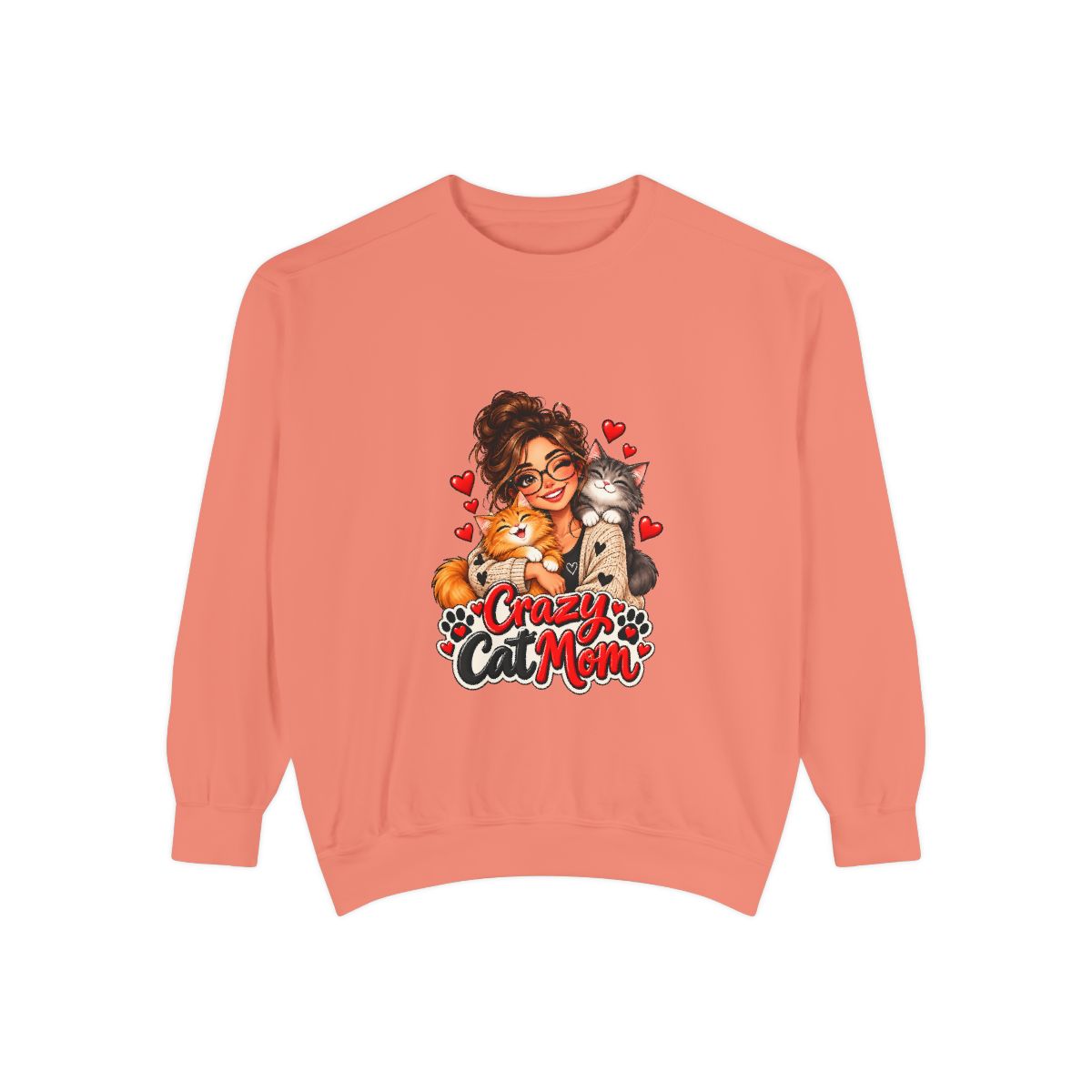 Crazy Cat Mom Sweatshirt | Woman Hugging Cats, Hearts Paw Print Design