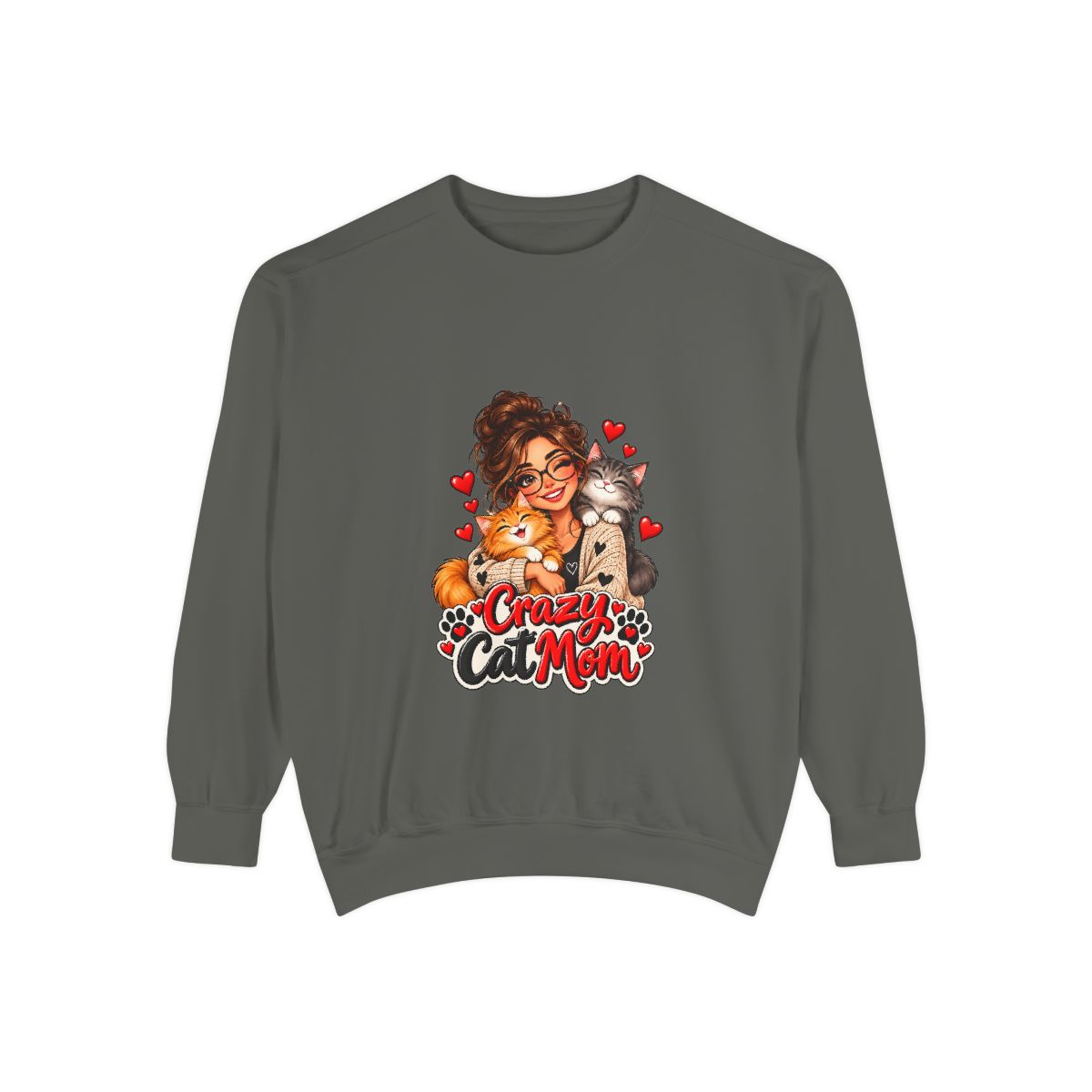Crazy Cat Mom Sweatshirt | Woman Hugging Cats, Hearts Paw Print Design