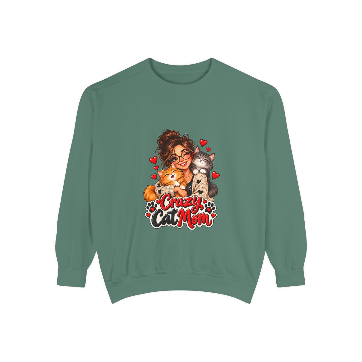 Crazy Cat Mom Sweatshirt | Woman Hugging Cats, Hearts Paw Print Design