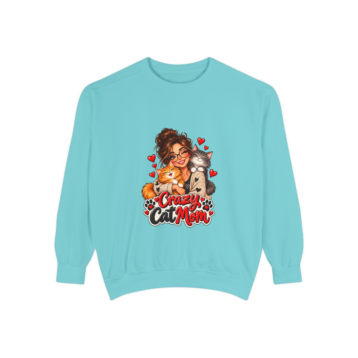 Crazy Cat Mom Sweatshirt | Woman Hugging Cats, Hearts Paw Print Design