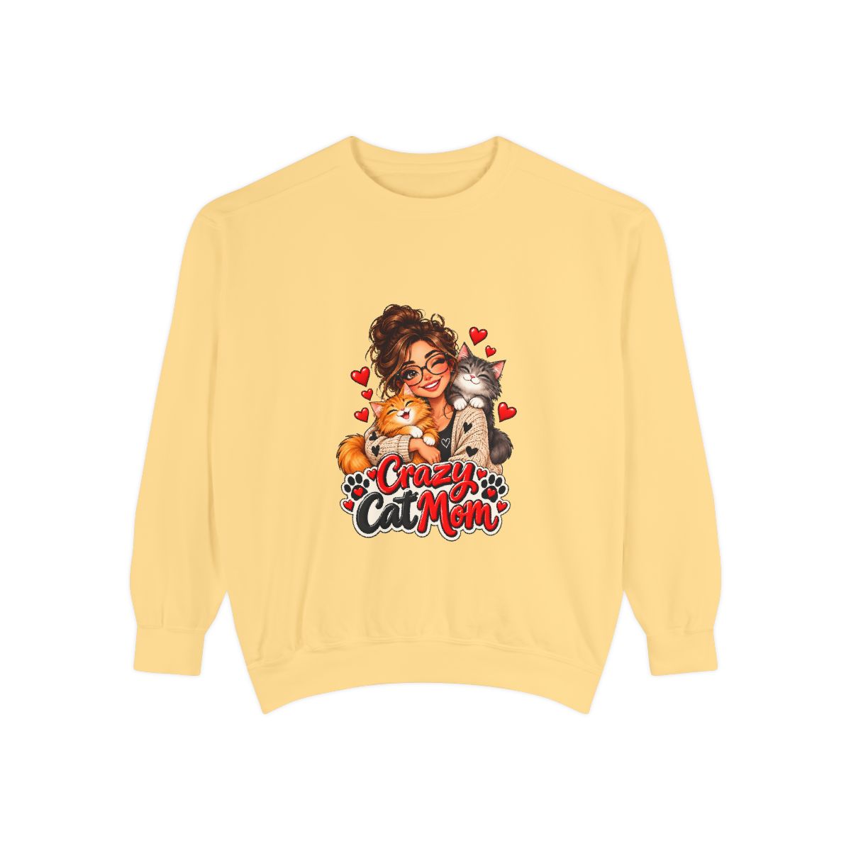 Crazy Cat Mom Sweatshirt | Woman Hugging Cats, Hearts Paw Print Design