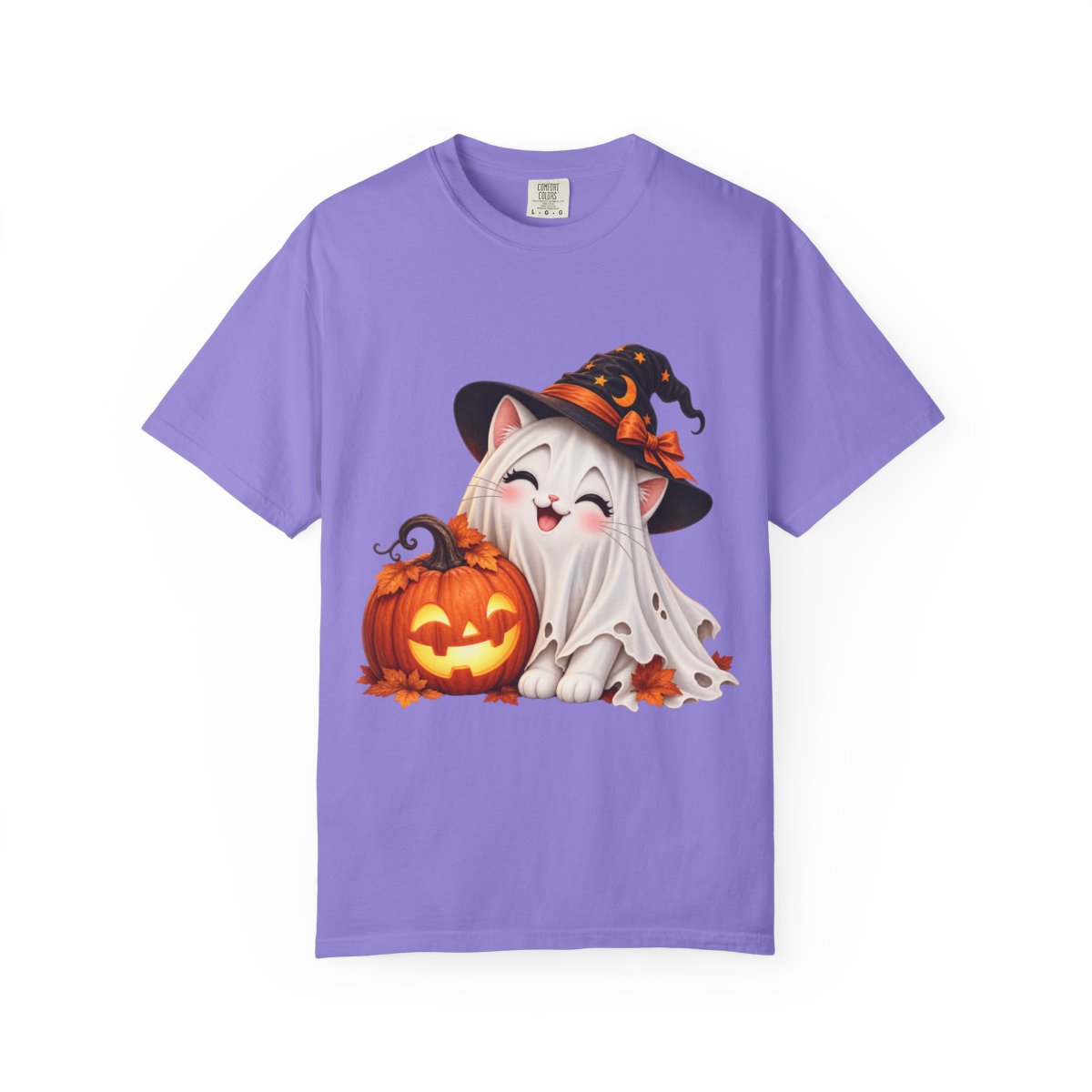 Cute Ghost Kitty with Jack-o'-Lantern T-Shirt | Halloween Cat Pumpkin Design