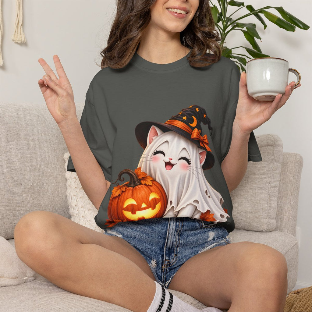 Cute Ghost Kitty with Jack-o'-Lantern T-Shirt | Halloween Cat Pumpkin Design