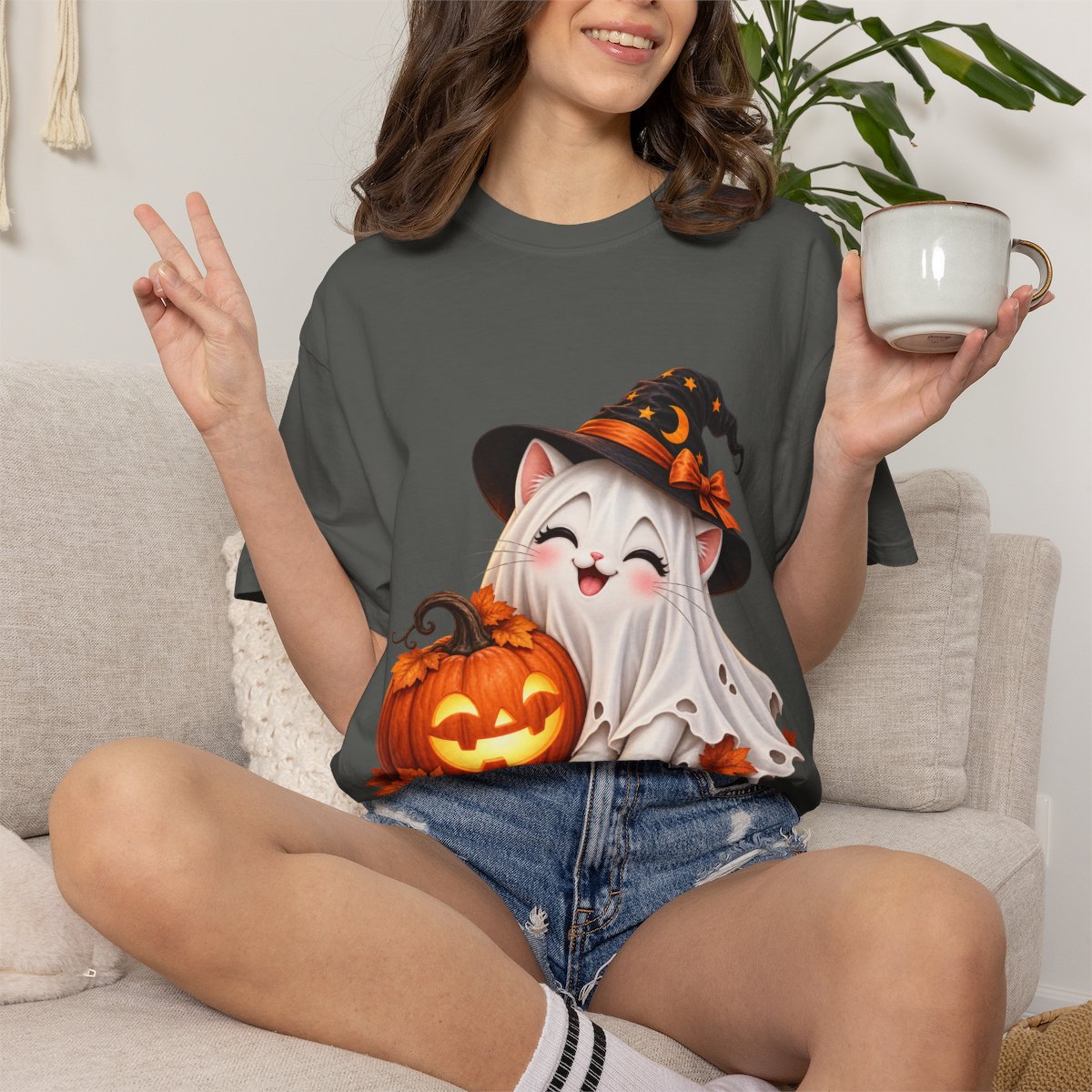 Cute Ghost Kitty with Jack-o'-Lantern T-Shirt | Halloween Cat Pumpkin Design