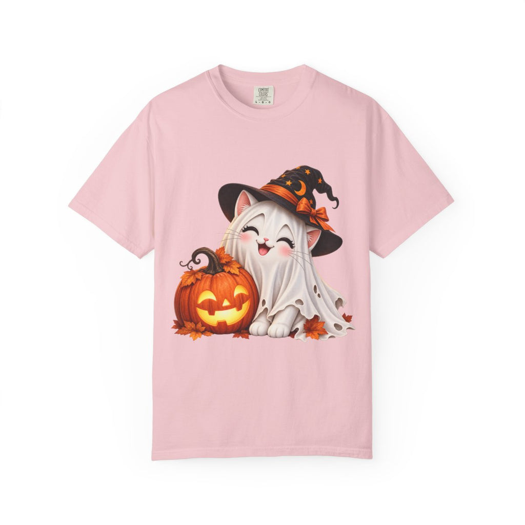 Cute Ghost Kitty with Jack-o'-Lantern T-Shirt | Halloween Cat Pumpkin Design