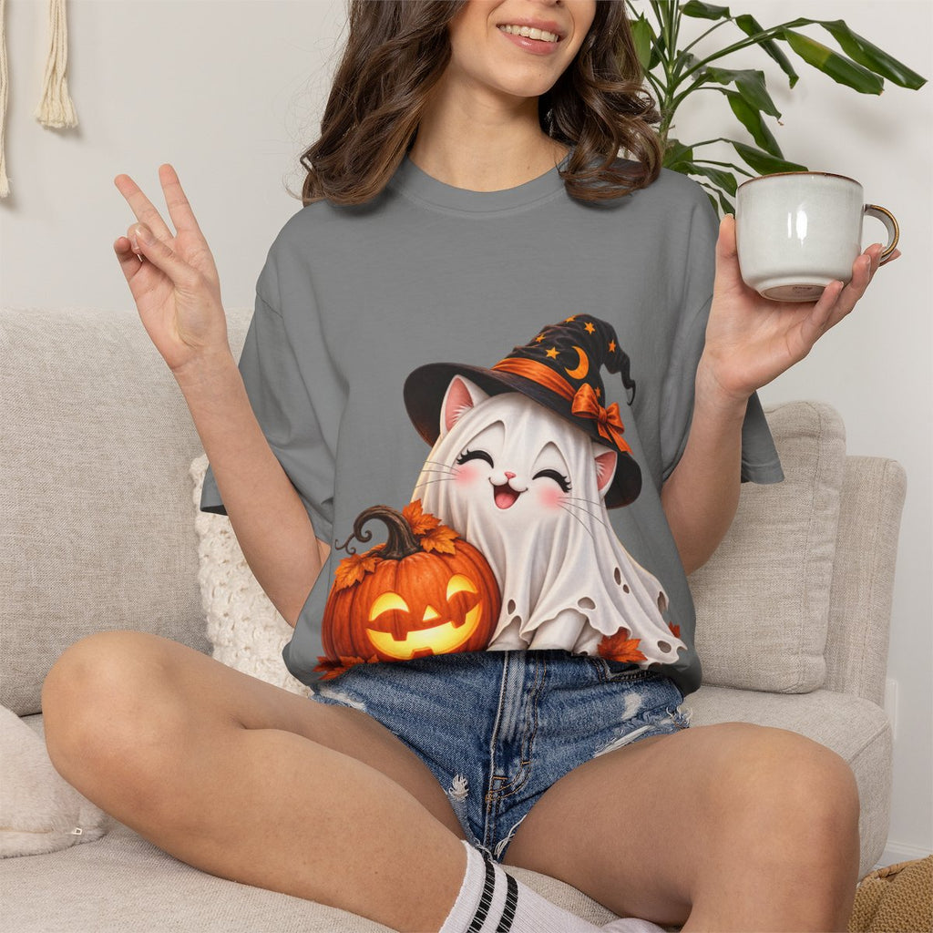 Cute Ghost Kitty with Jack-o'-Lantern T-Shirt | Halloween Cat Pumpkin Design