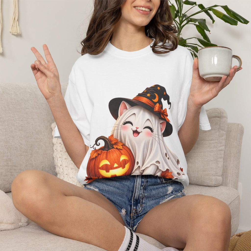 Cute Ghost Kitty with Jack-o'-Lantern T-Shirt | Halloween Cat Pumpkin Design