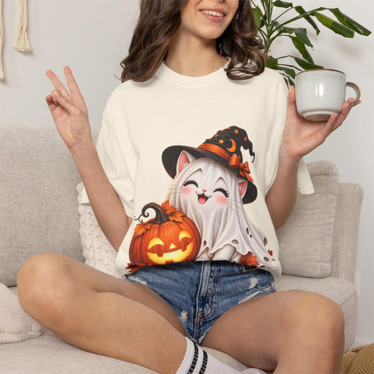 Cute Ghost Kitty with Jack-o'-Lantern T-Shirt | Halloween Cat Pumpkin Design
