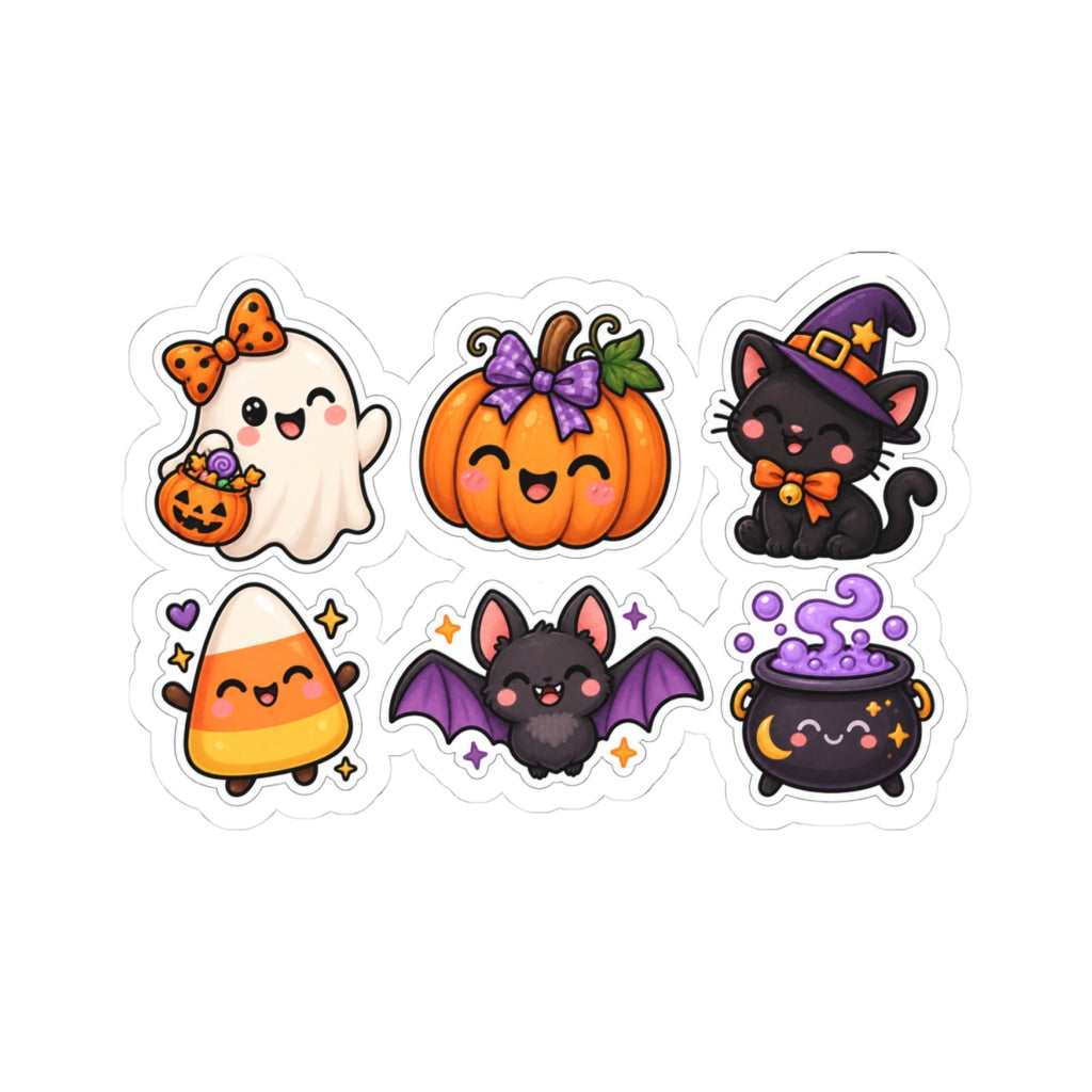 Cute Halloween Characters Kiss-Cut Stickers | Ghost Pumpkin Cat Bat Cauldron