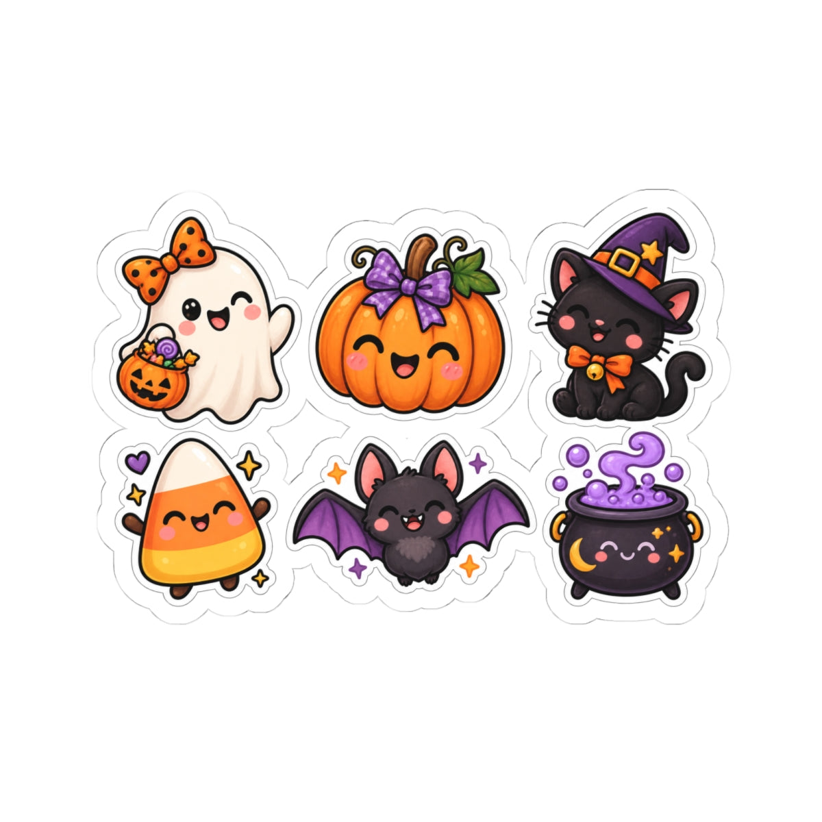 Cute Halloween Characters Kiss-Cut Stickers | Ghost Pumpkin Cat Bat Cauldron