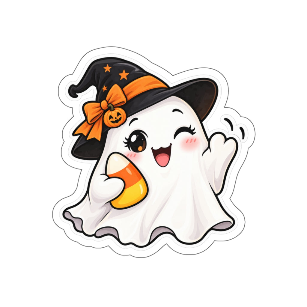 Cute Halloween Ghost Sticker | Die-Cut Sticker, Witch Hat, Candy Corn