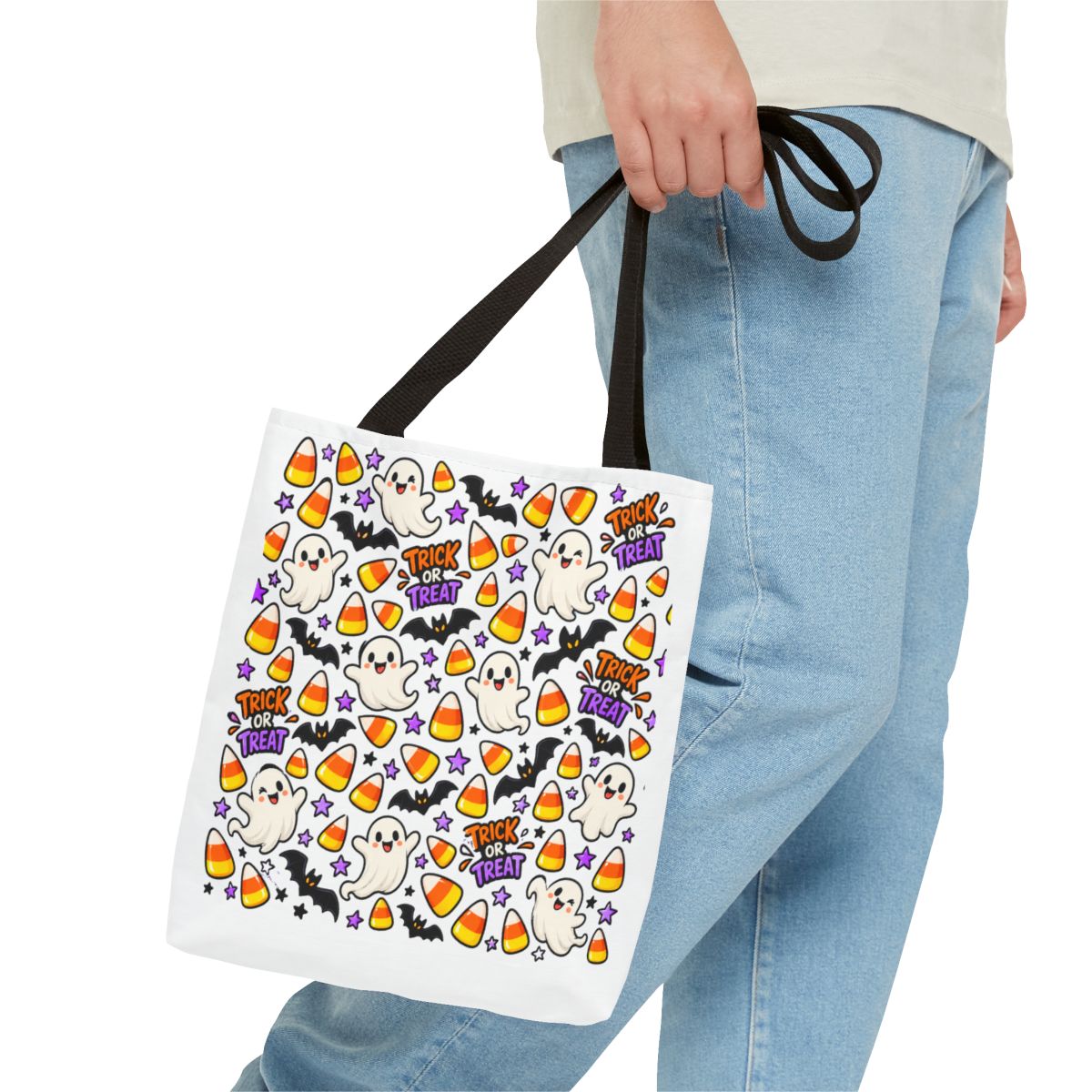 Cute Halloween Ghosts Candy Corn Pattern Tote Bag | Trick or Treat Allover Print