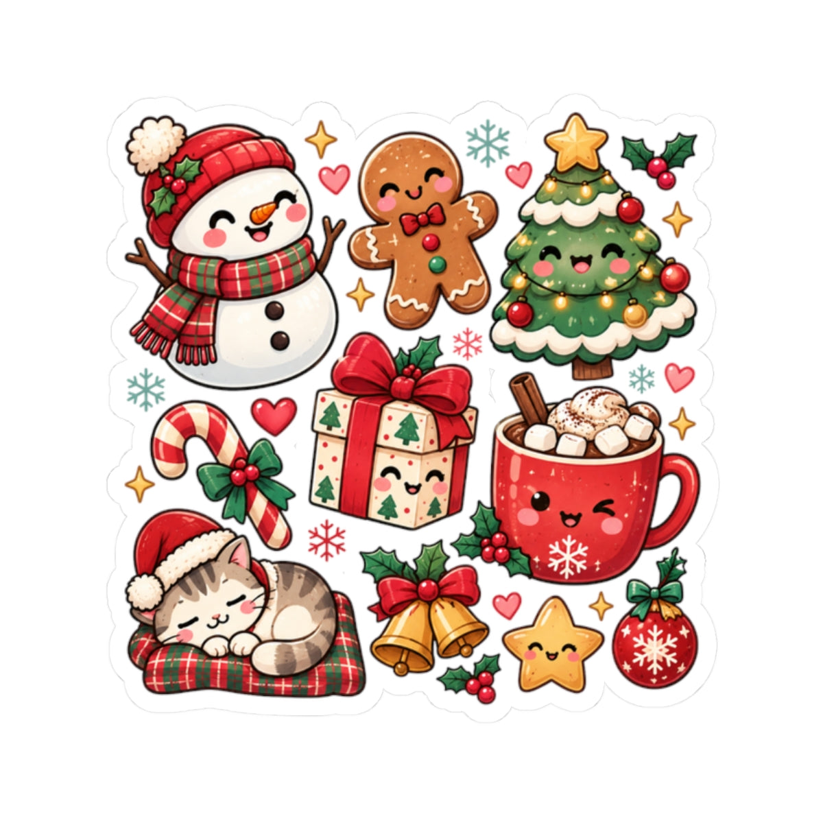 Cute Holiday Christmas Characters Kiss-Cut Stickers | Snowman, Tree, Gingerbread
