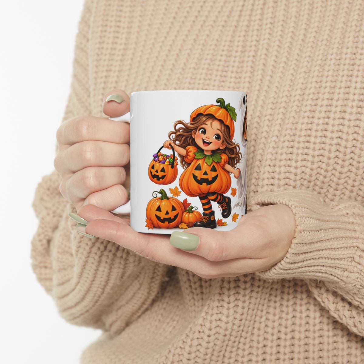 Cute Kids Halloween Costume Illustration Mug | Pumpkin & Ghost Characters