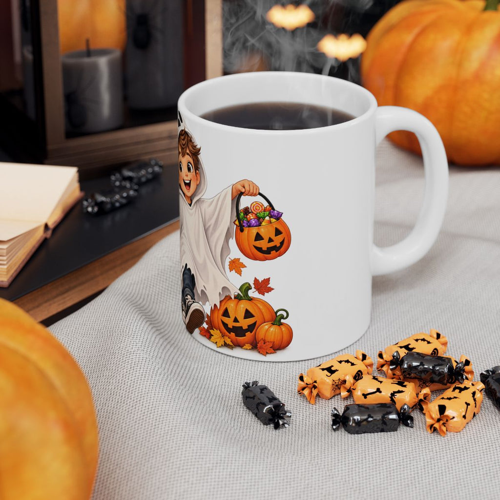 Cute Kids Halloween Costume Illustration Mug | Pumpkin & Ghost Characters
