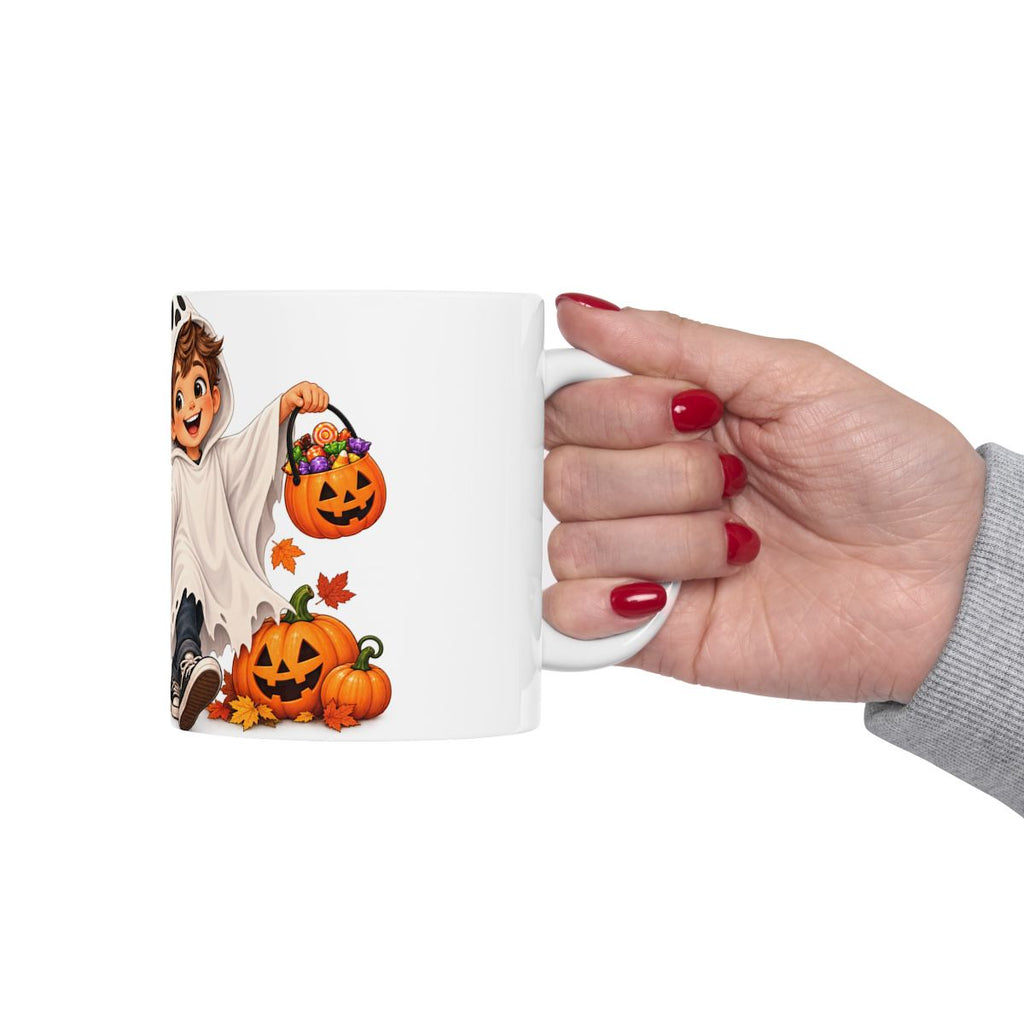 Cute Kids Halloween Costume Illustration Mug | Pumpkin & Ghost Characters