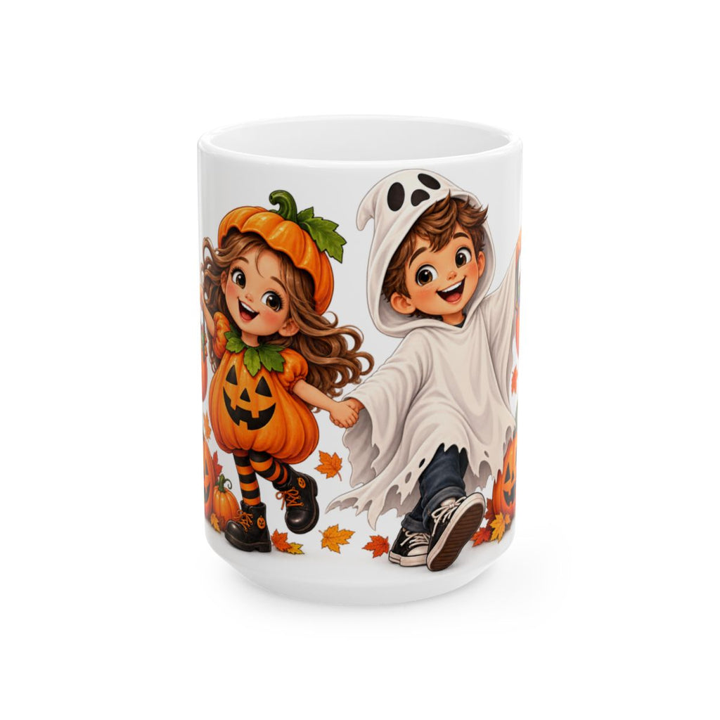Cute Kids Halloween Costume Illustration Mug | Pumpkin & Ghost Characters