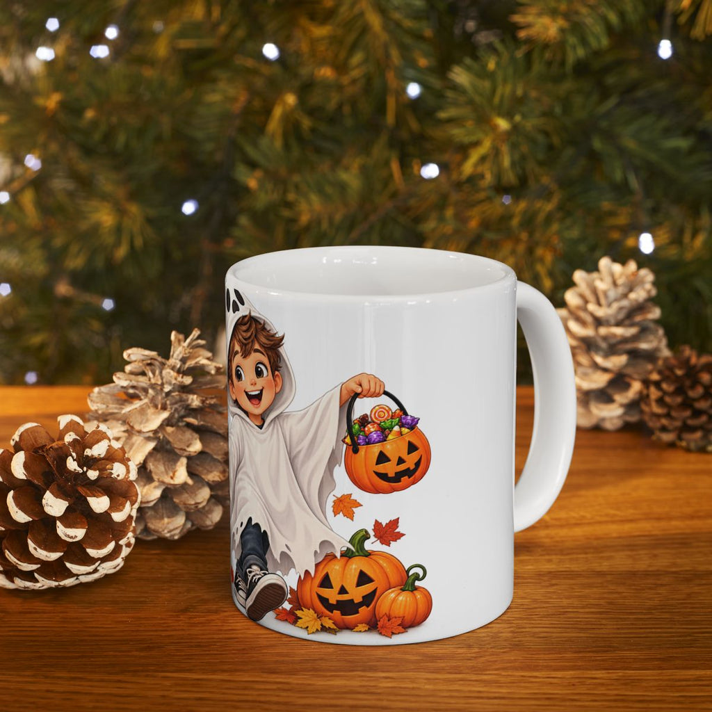 Cute Kids Halloween Costume Illustration Mug | Pumpkin & Ghost Characters