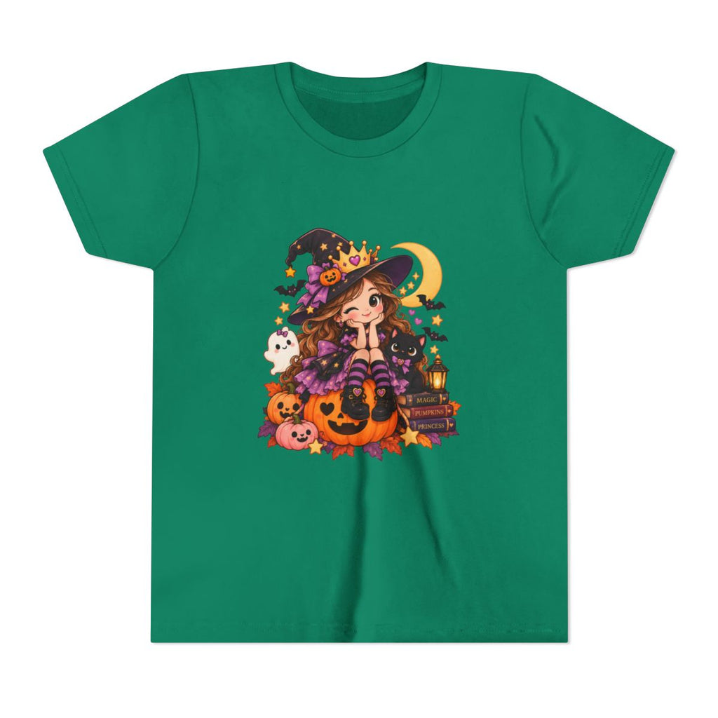 Cute Little Witch Halloween Youth Tee | Pumpkin, Cat, Moon, Lantern