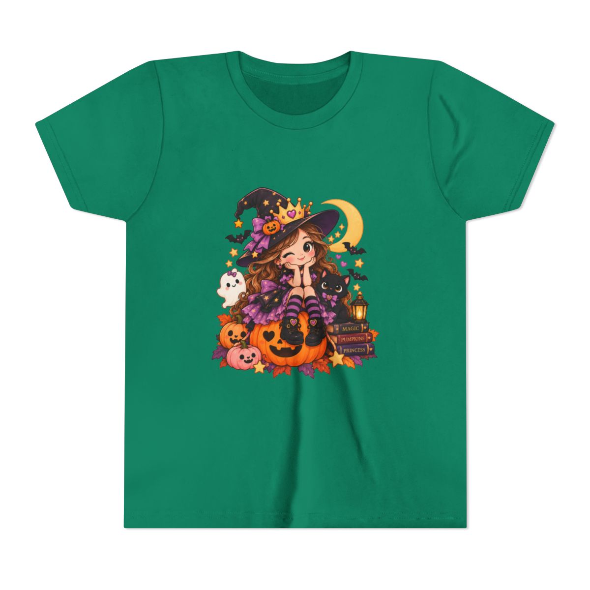 Cute Little Witch Halloween Youth Tee | Pumpkin, Cat, Moon, Lantern